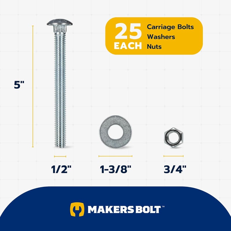 MAKERS BOLT 1/2" x 5" (25 Pack) Zinc Carriage Bolt Kit, Grade 307A by - Image 2